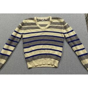 MODZ V-Neck Sweater Cream, Gray and Royal Blue Stripe Size Large Women's Vintage